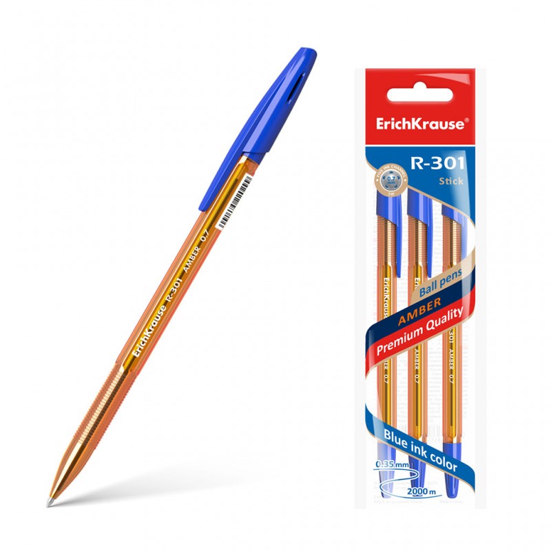 Набор шариковых ручкек 3шт. ЕК шариковая R-301 Stick Amber 0.35mm синий 42738
